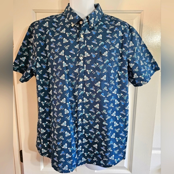 Penguin XL Shirt Blue Sneaker Graphic Button Down Casual Camp Style Y2K Vibe - Picture 2 of 7